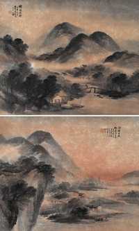 吴石僊 1916年作 烟雨夕照 镜框